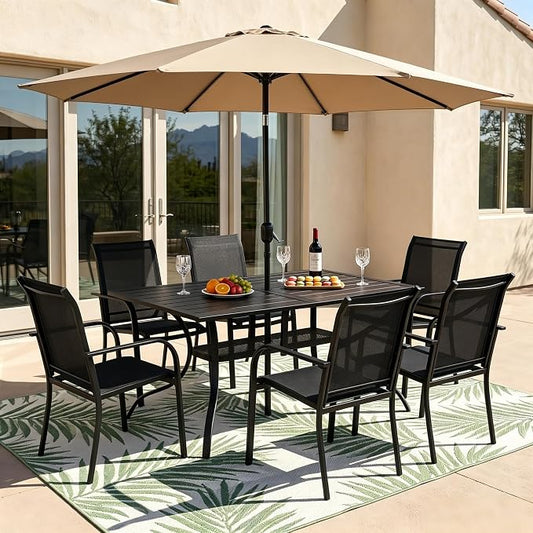 Crownland 7 Piece Patio Dining Set, Textilene Dining Sets, 6 Textilene Metal Chairs and Rectangular Outdoor Dining Table with Khaki 9FT Round Outdoor Umbrella (Black)