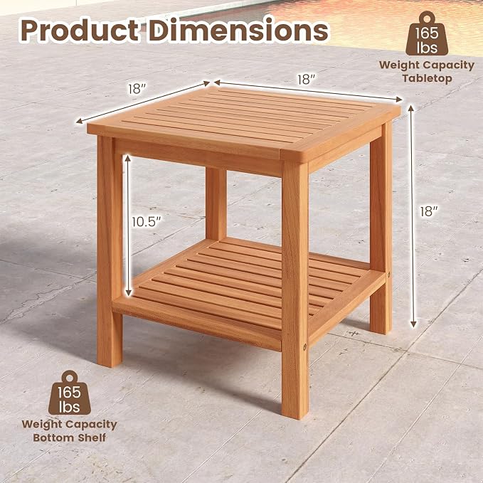 HAPPYGRILL Acacia Wood Outdoor Side Table, 2-Tier Indoor End Table with Spacious Tabletop and Slatted Storage Rack, Square Wood Table for Poolside, Living Room, Porch, Balcony and Garden (2)