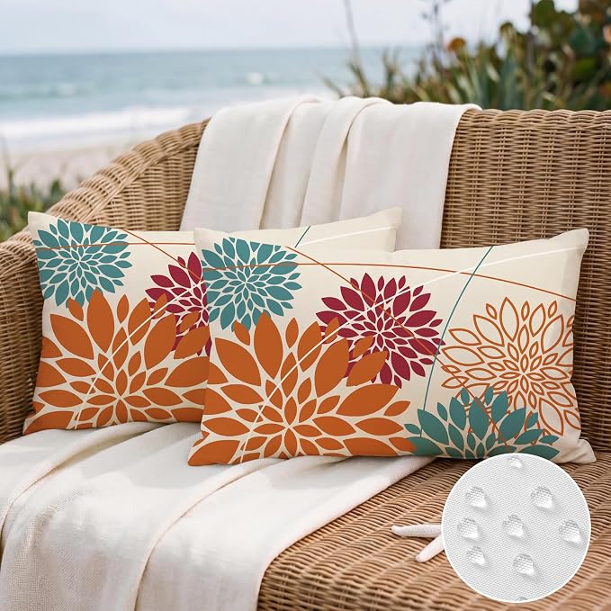 OTOSTAR Outdoor Orange Red Pillow Covers 16x24 Inch Set of 2 Cyan Flower Throw Pillows Farmhouse Geometric Dahlia Floral Lumbar Cushion Case Waterproof Decor for Sofa Patio Funiture Garden