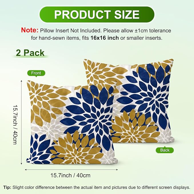 M METERXITY 2-Pack Pillow Cover 16x16 Linen, Blue Bronze Gray | Water Resistant Floral Decor Slipcover, for Patio, Balcony, Garden, Outdoor Pillow Case