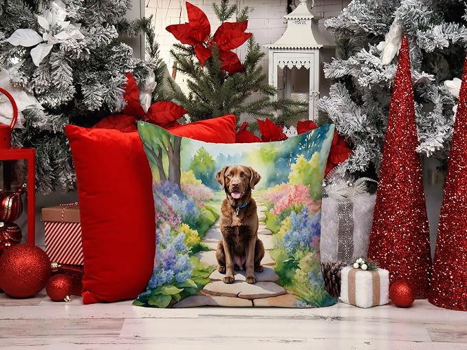 Caroline's Treasures Chesapeake Bay Retriever Spring Path Throw Pillow Machine Washable, Indoor Outdoor Decorative Pillow for Couch, Bed or Patio, 14Hx14W