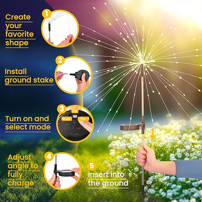 GIGALUMI 6 Pack Solar Firework Lights Outdoor, Garden Decor, Multicolored | 120 LEDs, Fairy Design, Waterproof, Garden Decor, Solar Powered for Yard, Pathway, Flowerbed, Planter, Balcony, Gifts for Mom