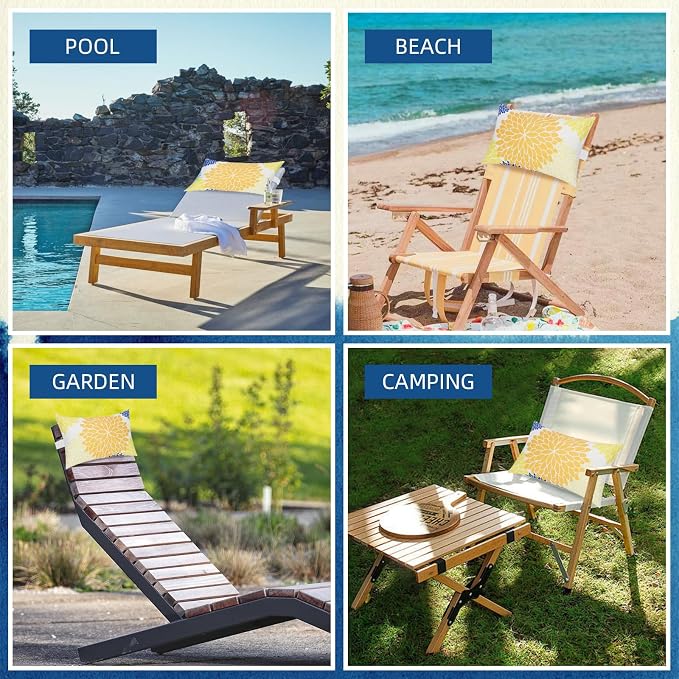 Chaise Head Rest Pillows Set of 2, Waterproof Outdoor Lounge Pillow Lumbar Pillows with Insert Adjustable Elastic Strap Decorative Pillows for Patio Beach Chair,Yellow Blue Flower