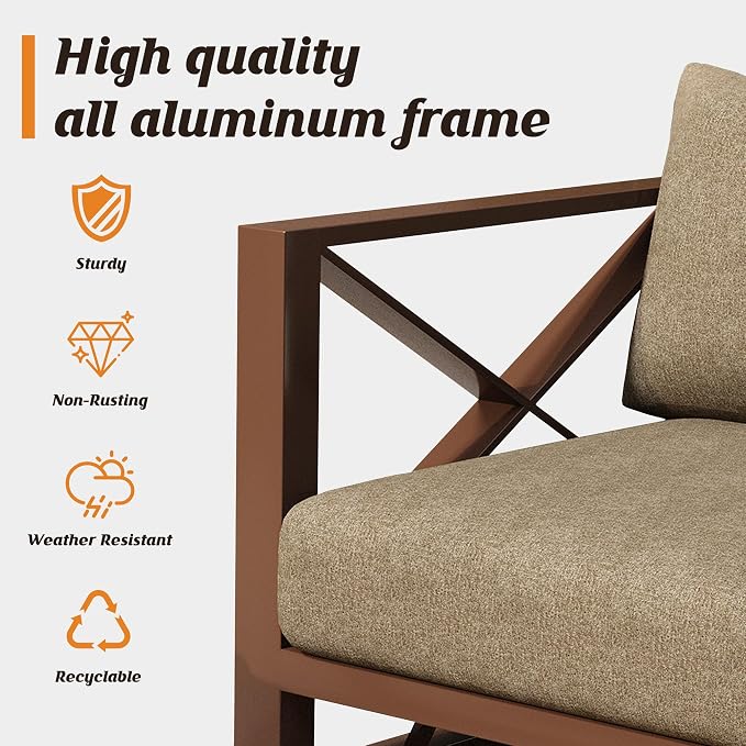 Aluminum Outdoor Patio Furniture Set with 43" Fire Pit Table, 10-Piece Outdoor Sectional with 5.2" Thick Cushions, Patio Conversation Sets for Backyard,(Brown,8 Seats)
