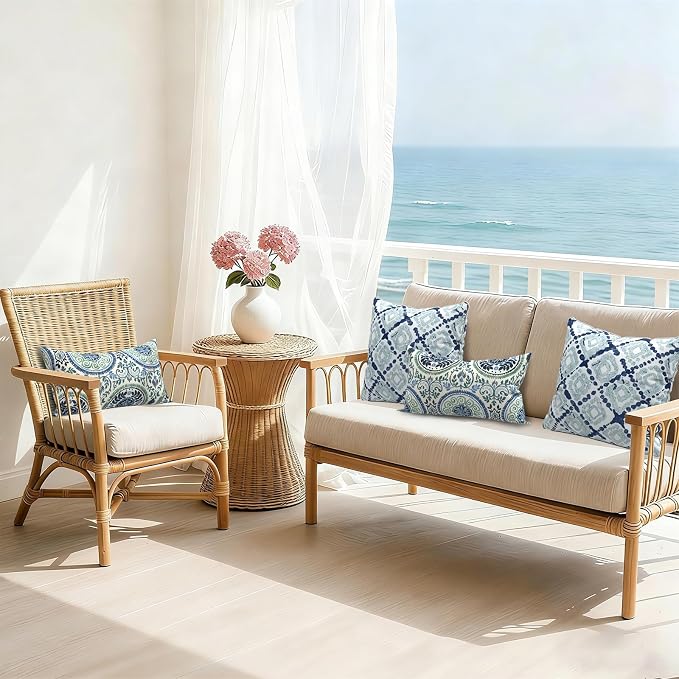 Outdoor Lumbar Pillows 12x20 Inch, Water Repellent Cushion Pillows, Outdoor Pillows with Inserts for Home Garden Pack of 2, Celadon Wreath