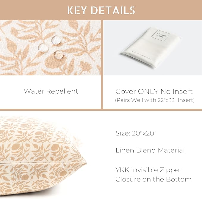 California Casual Coastal Indoor Outdoor Throw Pillow Cover, 20"x20" Water Repellent for Patio, Backyard, Couch, Poolside, Earth Tone Ivory Cream Tan Print Floral and Leaves Geometric