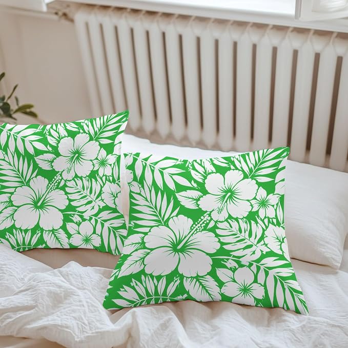 Green Hibiscus Flowers Waterproof Outdoor Pillow Covers Set of 2 Home Decor, Tropical Monstera Leaves Pillowcase Patio Pillow Covers for Couch Bench Patio Furniture Garden 26x26in