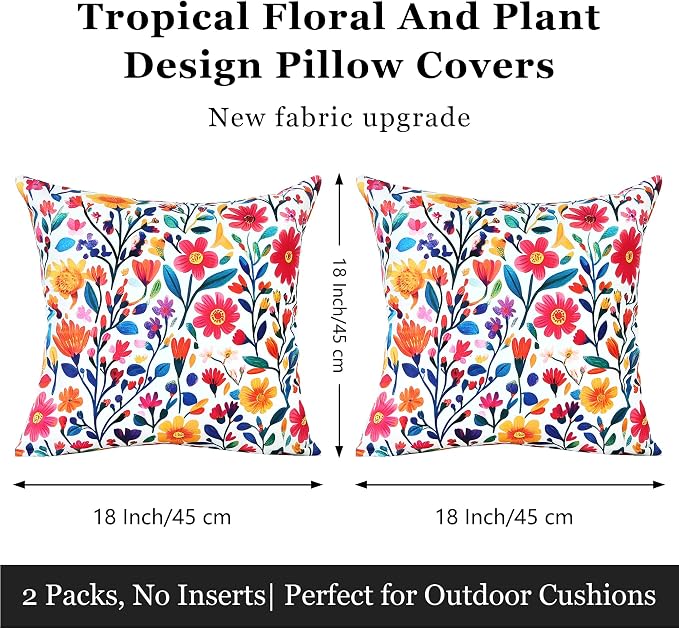 Outdoor Pillow Covers 18x18 Inch Set of 2 Floral Printed Boho Throw Pillows Cases Waterproof Square Garden Cushion Sham for Spring Summer Patio Funiture Tent Balcony Bench Sofa Couch