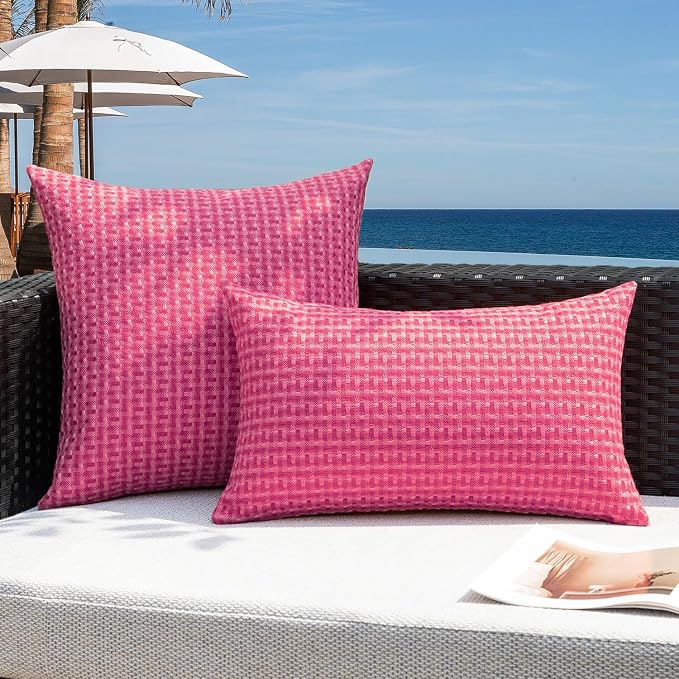 Kevin Textile Outdoor Waterproof 18"x18" Pillow Covers 2 Pack, Hot Pink | Water Resistant Weaving Faux Linen Texture Throw Pillow Covers, Outside Decorative Pillowcases for Garden Patio Balcony Couch