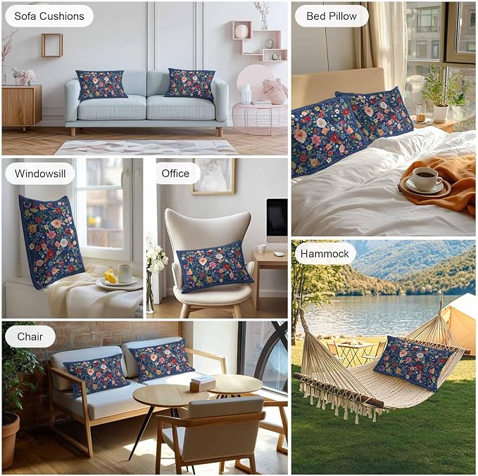 Vandarllin Outdoor Throw Pillows Covers 20x12 inch Set of 2 Waterproof Navy Blue Floral Decorative Zippered Cushion Covers for Patio Furniture, Farmhouse Vintage Flower Lumbar Pillowcases
