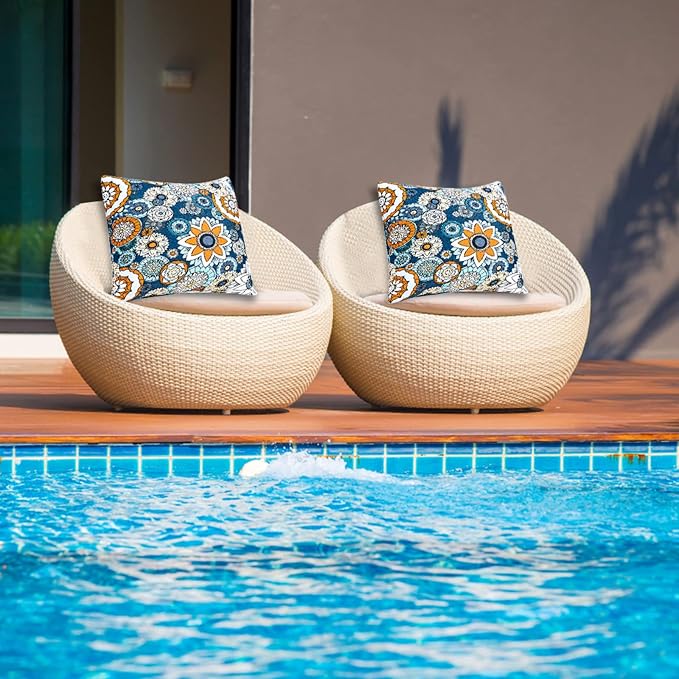 JMGBird Outdoor Throw Pillows Waterproof Outdoor Pillow Covers with Inserts | Outdoor Pillows with Inserts - 18x18 Waterproof Throw Pillows for Patio Furniture, Navy Blue Sunflower Decorative Cushions