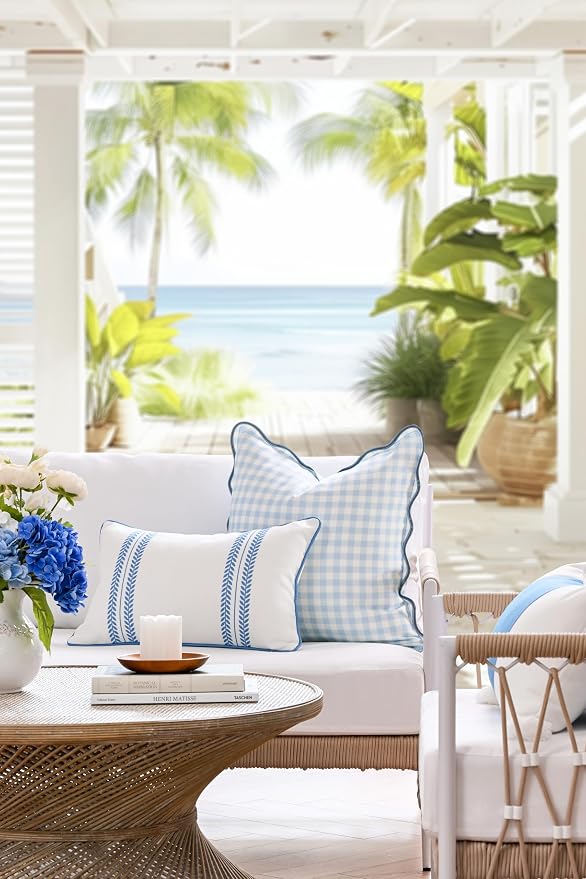 Hofdeco Premium Coastal Hampton Scalloped Patio Indoor Outdoor Throw Pillow Cover Only, 20"x20" Water Repellent for Backyard, Couch, Poolside, Baby Blue Print Gingham