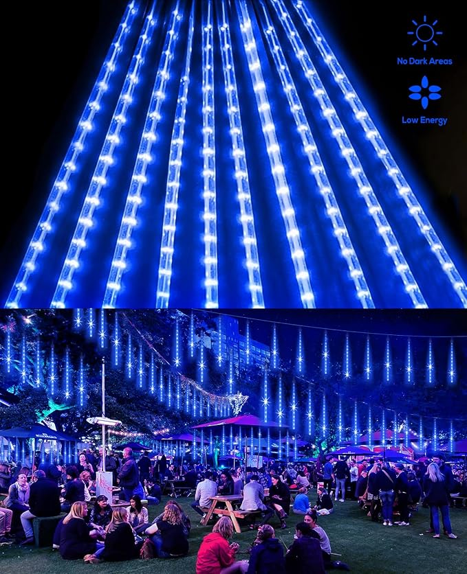 Meteor Shower Lights Outdoor Easter Lights UL Certified Falling Rain Drop Snowfall Icicle Cascading String Light for Xmas Holiday Tree Wedding Party Garden Decor Blue, 12 Inch 10 Tubes