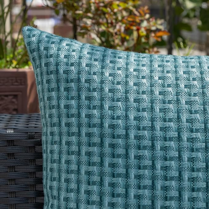 Kevin Textile Outdoor Waterproof 16"x16" Pillow Covers 2 Pack, Teal | Water Resistant Weaving Faux Linen Texture Throw Pillow Covers, Outside Decorative Pillowcases for Garden Patio Balcony Couch