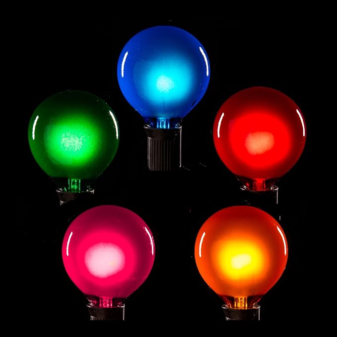 G40 Assorted Satin Pearl Colored String Lights (50 Foot – White Wire) | G40 Assorted 1.6" Bulbs, Outdoor Globe Patio String Lights
