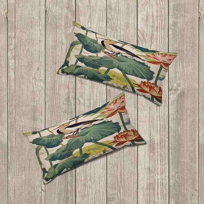 Set of 2 Chinese Pond Bird Decorative Throw Pillow Covers 12x24in Farmhouse Rectangle Accent Pillow Cases Cushion Cover Cases for Sofa Chair Bedroom Home Decor
