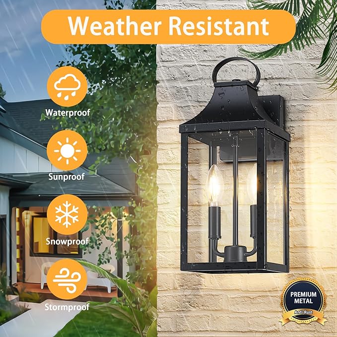 15" Dusk to Dawn Black Outdoor Wall Lantern with E12 Socket, 1 Pack | Outside Modern Wall Sconce Light Fixture, Porch Light Wall Mount, Waterproof Exterior Lamp Lighting for Patio Garage