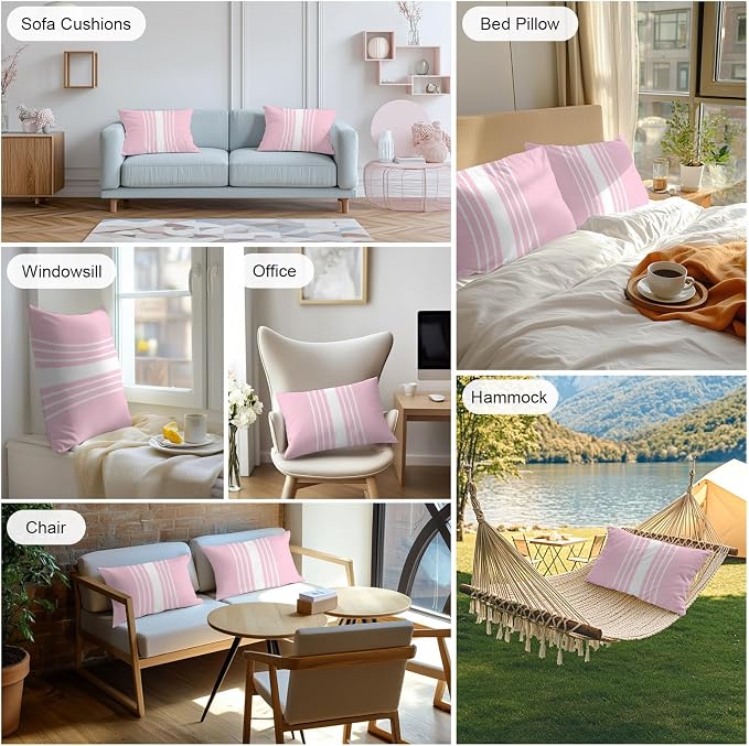 Pink White Stripe Outdoor Pillow Covers 20x12 Inch Lumbar Pillow Covers Set of 2 Waterproof Decorative Throw Pillow Cases Modern Rustic Vertical Striped Cushion Covers for Patio Furniture Garden Couch