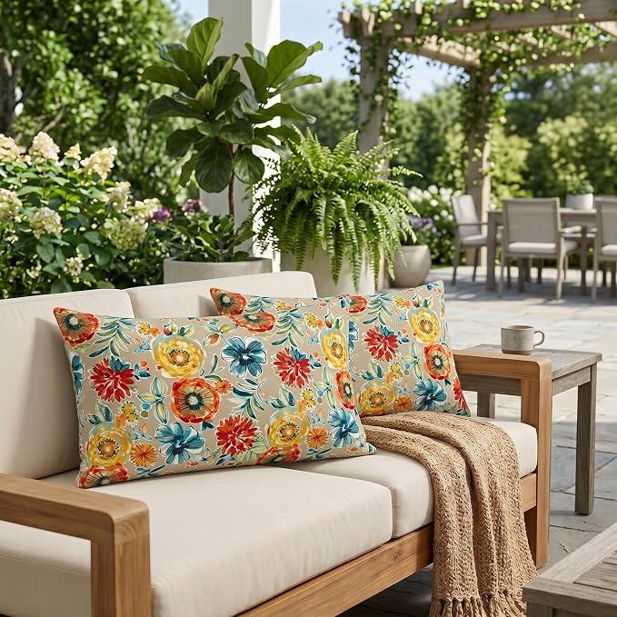 RSH DECOR: Lumbar Jumbo Throw Pillows Set of 2 | 26” x 16" | All-Weather Spun Fabric | Outdoor Support Pillows for Patio Furniture | Made in USA (Colsen Sonoma)