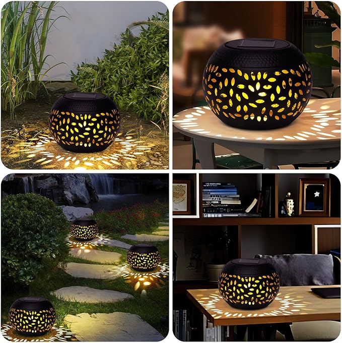 Solar Table Light Outdoor Waterproof Decorative 2pack Solar Table Lantern | Hollowed-Out Black Metal Desktop Decorative Lamp for Women Mother's Day, Outside Garden Yard Patio & Indoor Tabletop Decor