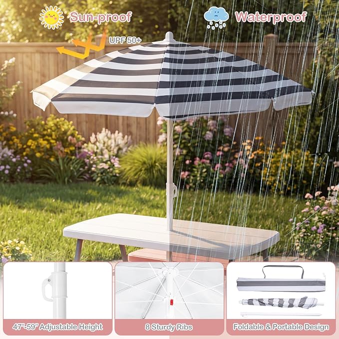 Costzon Kids Picnic Table, Toddler Outdoor Table & Bench Set with Removable Umbrella, HDPE Tabletop, Metal Frame, Kids Outdoor Furniture for Patio Backyard Garden, Fits 4 Children Age 3+ (Pink)