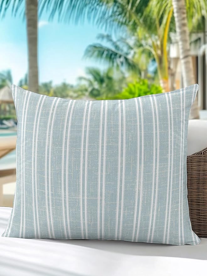 Waterproof Outdoor Pillow 1 Pack Blue Linen Striped Decorative Throw Pillows Cover & Insert 16x16 Inch Pillowcase Vertical Stripes Lines Pillows for Couch Sofa Bed Patio Furniture Indoor Outdoor