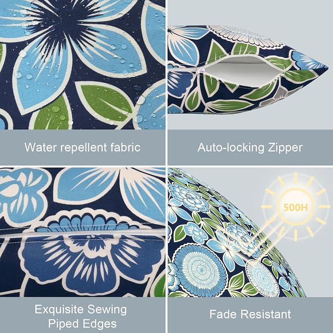 LVTXIII Outdoor Lumbar Pillow Covers Only Set of 2 Patio Decorative Pillow Cases, Water Repellent Lumbar Cushion Cases for Sofa, Patio Couch Garden Use, 12x20 Inch, Azure Botanical Symphony‌