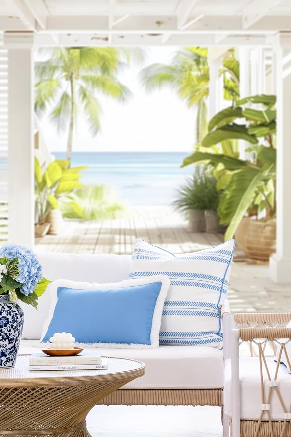 Hofdeco Premium Coastal Hampton Patio Indoor Outdoor Lumbar Pillow Cover Only, 12"x20" Water Repellent for Backyard, Couch, Poolside, Azure Blue Print Solid