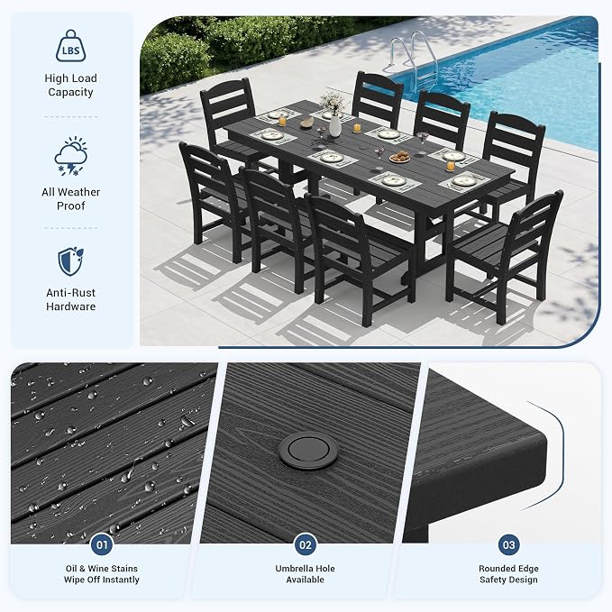 KINGYES Outdoor Armless Dining Chairs Set of 8,All-Weather HDPE Patio Chairs for Backyard,Pooside,Black