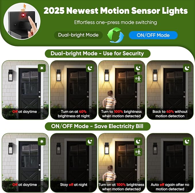15" Large Upgraded Motion Sensor Outdoor Wall Light Fixture, Black | Auto ON/OFF, 3 Lighting Modes, Waterproof, Rust-Resistant, Durable Metal & Clear Glass, Standard E26 Sockets, Easy to Install