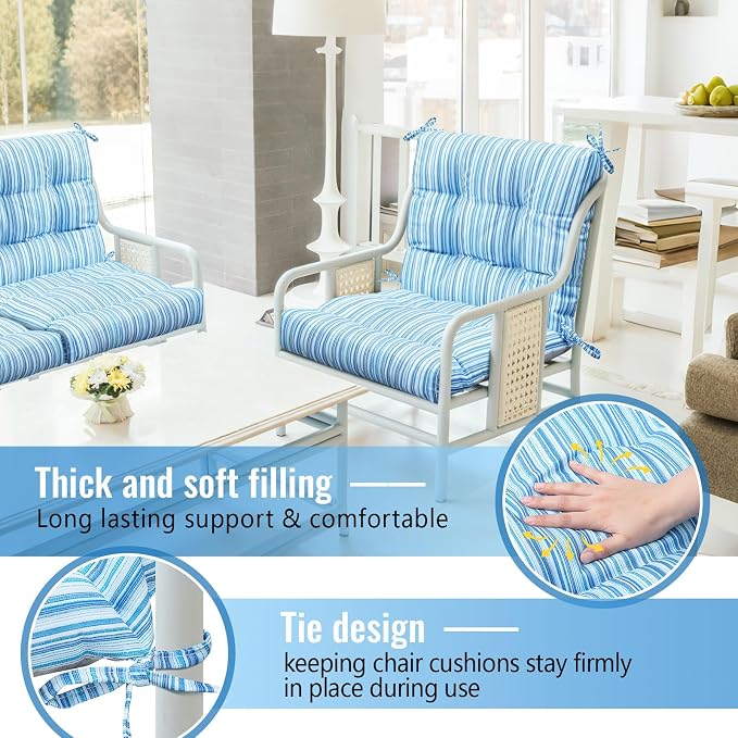 Marsui 4 Pcs Outdoor Indoor High Back Chair Cushions Patio Furniture Tufted Pillow with Ties Water-Resistant Replacement Outdoor Rocking Chair Cushions, 42 x 21 Inches (Blue Stripes,Stripes)
