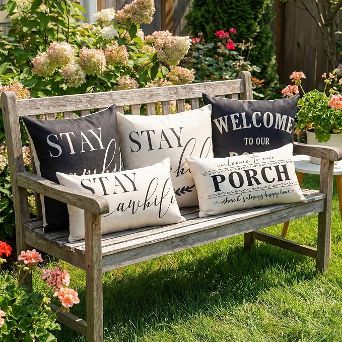 Front Porch Decor Pillow Black Outdoor Throw Pillow Covers Waterproof 18x18 | Set of 2, No Inserts, Stay Awhile Sign, Patio, Weather Resistant Outdoor Pillows, Welcome Sign for Front Porch
