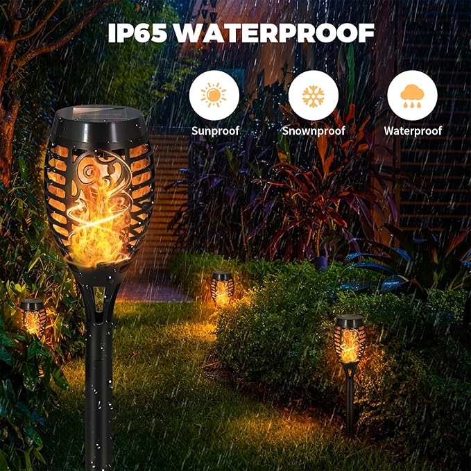 12 Pack Solar Lights Outdoor, Warm White Flickering Flame Torch | Warm White Flickering Flame, Long Nighttime Glow, Auto-On at Dusk, IP65 Weather-Resistant, Tool-Free Ground Setup