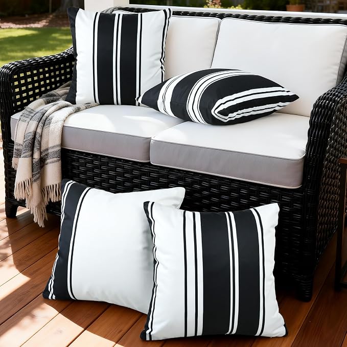 4 Pack Outdoor Waterproof Throw Pillow Covers 18x18 Inch | Striped Black and White Decorative Pillow Cover, Modern Outdoor Cushion Cases for Garden Patio Balcony Bench Couch Sofa