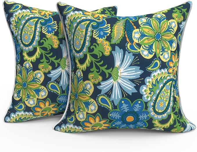 Outdoor Throw Pillow Covers Pack of 2, Decorative Water Repellent Square Pillow Cases with Piping 18x18 Inch, Wonder Garden