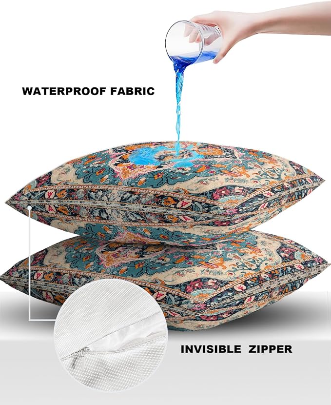 Outdoor Waterproof Pillow Covers Set of 2, Meddle Century Vintage Floral Mural Pattern Patio Throw Pillow Covers, Decorative Cushion Case for Couch Sofa Furniture Garden, 20x20 Inch