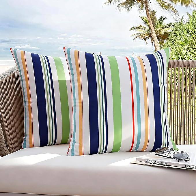 Adabana Patio Striped Outdoor Pillow Covers Waterproof Set of 2, 18"x18" | Colorful Decor, Green Outdoor Pillows for Patio Furniture Garden Porch