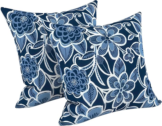 LVTXIII Outdoor Throw Pillows, Decorative Throw Pillows with Inserts, 20"x20" Square Pillows for Bed, Couch, Sofa and Patio Furniture, Set of 2, Flower Navy