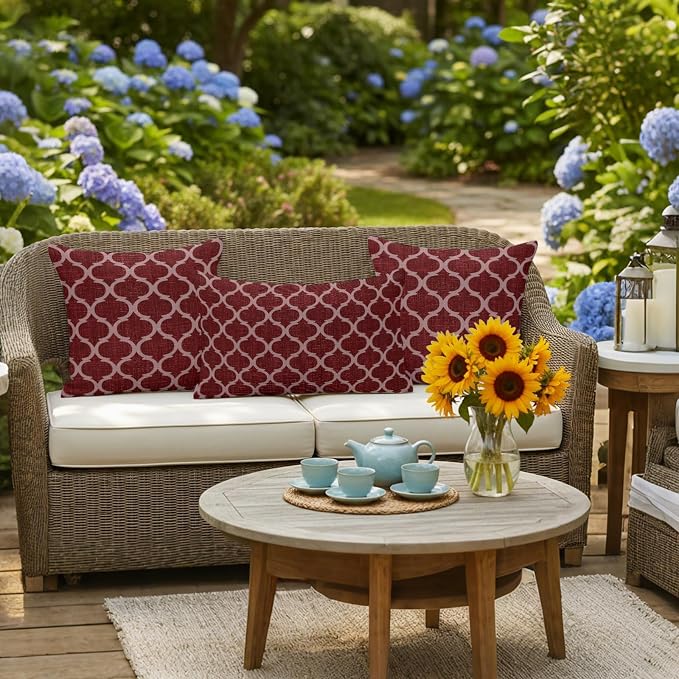 Deep Red Morocco Outdoor Pillow Covers 26x26 Inch Throw Pillow Covers Set of 2 Waterproof Decorative Pillow Cases Retro Farmhouse Quatrefoil Plaid Cushion Covers for Patio Furniture Garden Couch Sofa