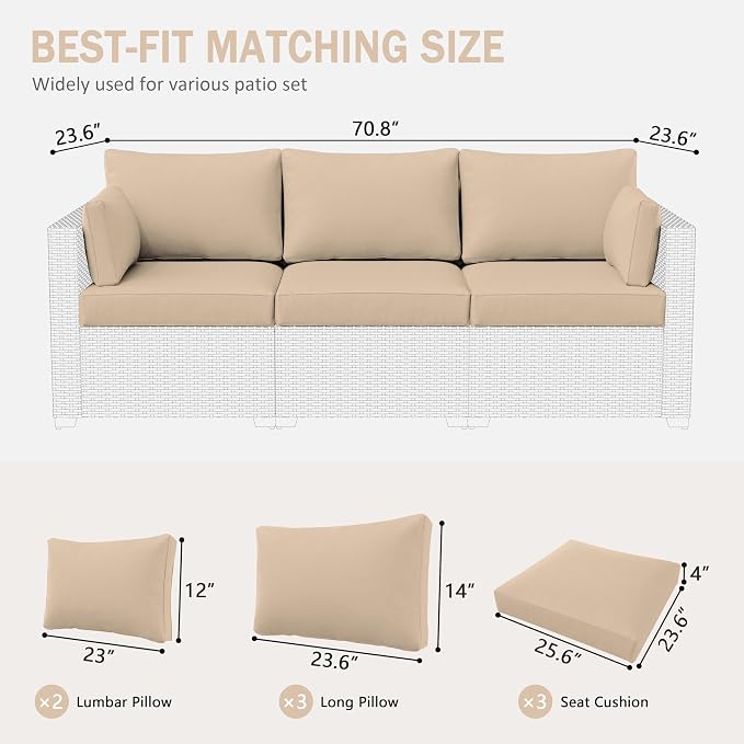 Outdoor Furniture Replacement Cushions, Waterproof Patio Furniture Cushions, 4" Deep Seat Outdoor Sectional Cushion for 3-Seat Outdoors Rattan Sofa Patio Sofa Cushion, Sand