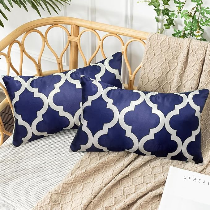 Pack of 2 Waterproof Outdoor Throw Pillows Cover 12x20 Inch Navy Blue and White Throw Pillow Covers Rectangle Pillowcases Outdoor Lumbar Pillows for Patio Furniture Garden (No Pillow Insert)