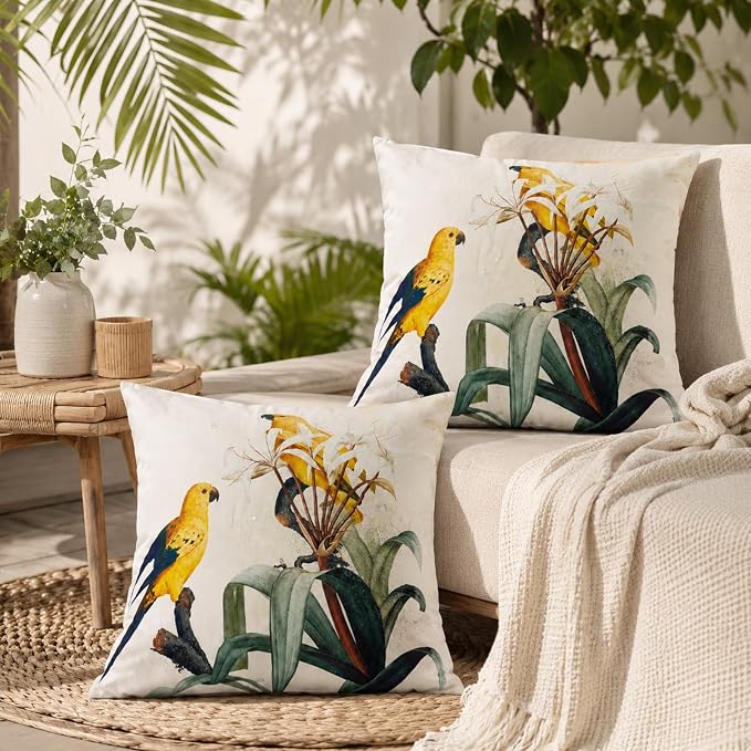 2pcs Outdoor Decor Pillows, Insert and Cover, Waterproof & Fade-Resistant Patio Couch Cushions for Garden, Porch, Poolside Sofa (Watercolor Parrot, 18x18in)