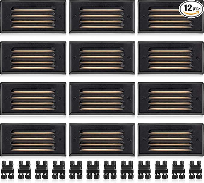 SUNVIE 6" Low Voltage Step Lights Outdoor 5W 3000K Black Aluminum 12-Pack | 90+ CRI, 500lm, 12-24V AC/DC, IP65 Waterproof, with Horizontal Louver Faceplate, with Fastlock2 Connectors, Deck Stair Lights