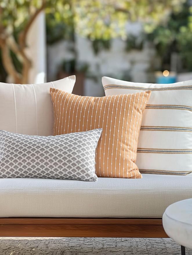 Modern Farmhouse Fall Linen Indoor Outdoor Throw Pillow Cover Only, 20"x20" Water Repellent for Patio, Backyard, Couch, Mustard Yellow Neutral Embroidered Stripes