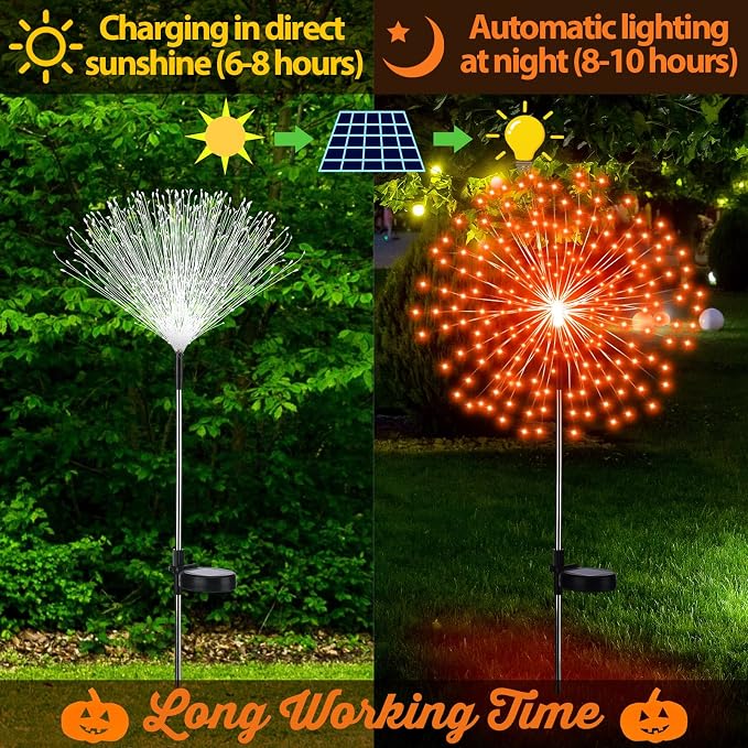 Tujoe 6 Pcs Fall Solar Firework Stake Lights 180 LED 8 Modes Solar Waterproof LED Sparkler Lights Outdoor Decoration for Summer Halloween Xmas Holiday Garden Patio Yard Pathway Walkway, Orange