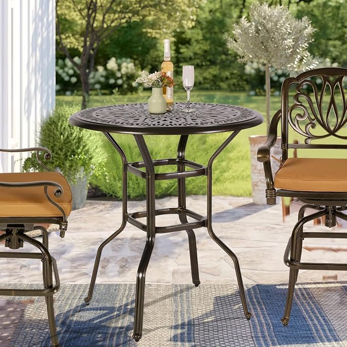 VIVIJASON 35.4" Patio Height Bar Table, All-Weather Cast Aluminum Bar Bistro Table Outdoor Patio Round Dining Table with Umbrella Hole for Balcony, Lawn, Garden, Backyard, Antique Bronze