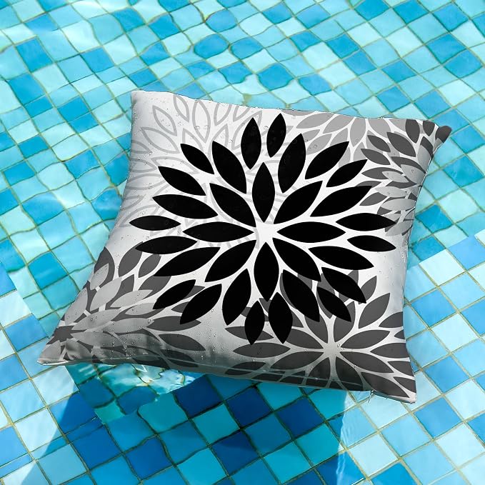 DFXSZ Outdoor Waterproof Pillow Covers 16x16 Set of 2 Black Grey Flower | Spring Summer Waterproof Flower Throw Pillowcases（No Inserts）Outdoor Decor for Patio Funiture Garden Polyester Covers