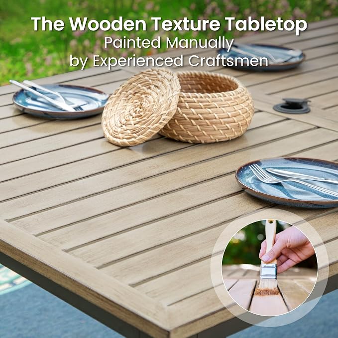 PHI VILLA 7 Piece Patio Dining Set, 64” Wood-Like Table, Rattan Chairs | Outdoor Dining Set for 6, Rectangular Table with Umbrella Hole, Wicker Chairs with Cushions for Patio, Deck, Porch