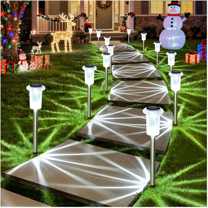 DenicMic Solar Pathway Lights Outdoor Waterproof Cold White LED 15 Pack | Yard Garden Driveway Walkway Landscape Path Lights, Starburst Pattern, Acrylic Diamond-like Lampshade Stainless Steel Pole
