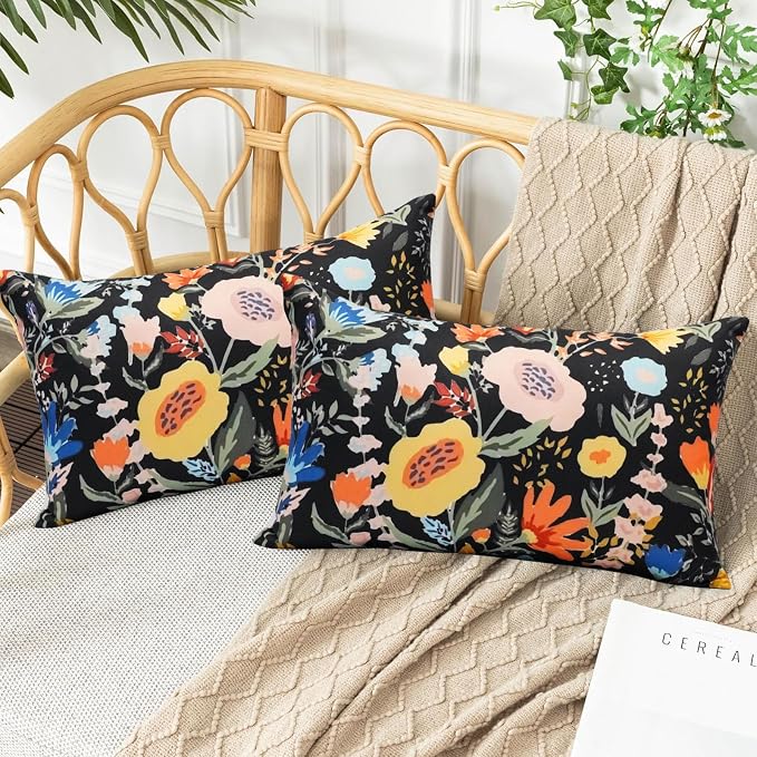 Pack of 2 Waterproof Outdoor Throw Pillows Cover 12x20 Inch Colorful Floral Decorative Farmhouse Rectangle Pillowcases Outdoor Lumbar Pillows for Patio Furniture Garden,Black Flower